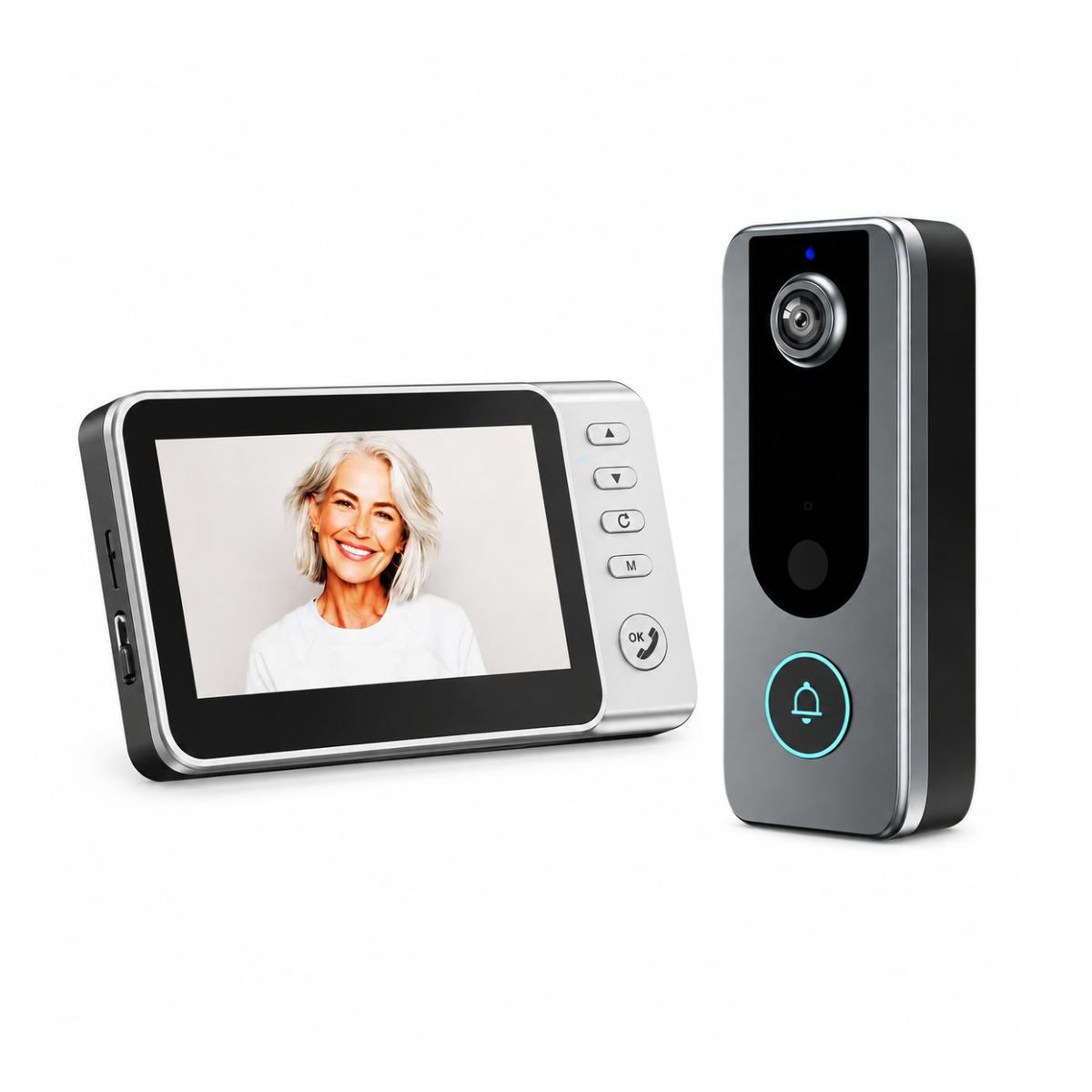 A 7-inch video doorbell with a split display screen showing a woman's face and a separate black and silver doorbell camera standing next to it on a white background.