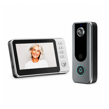 A 7-inch video doorbell with a split display screen showing a woman's face and a separate black and silver doorbell camera standing next to it on a white background.