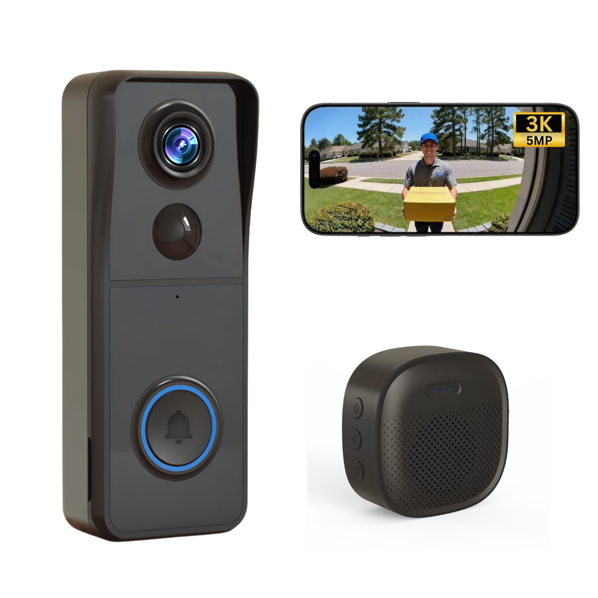 Delitech Pro 5MP smart doorbell installed on front door.