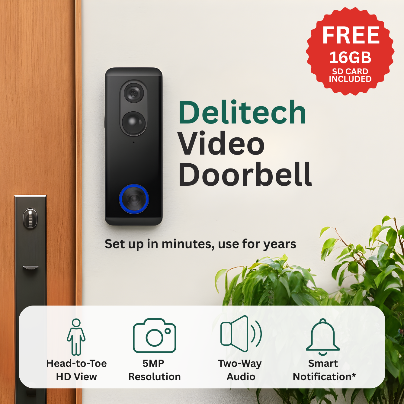 Delitech Smart Wireless Video Doorbell Pro (5MP)