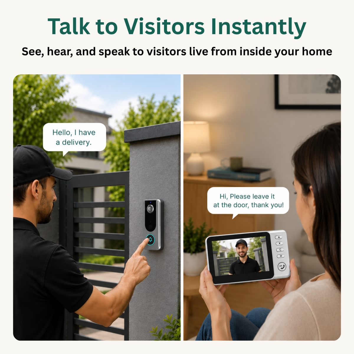 Promotional graphic for a smart video doorbell with delivery notifications. The left panel shows a man at a gate pressing a green button on a silver doorbell while a woman on the right watches on a smartphone screen.