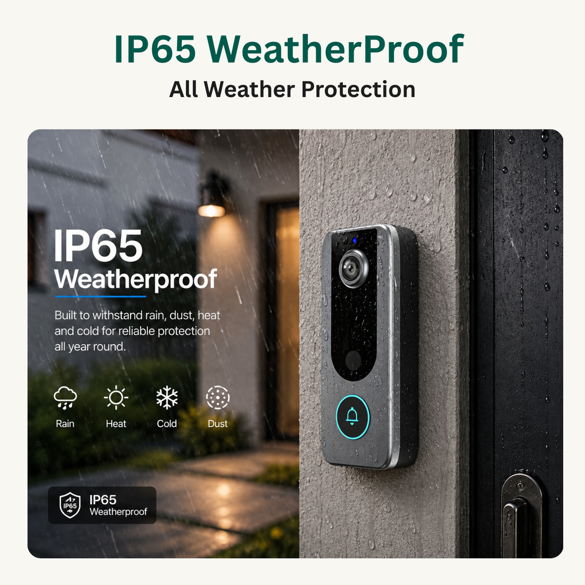 An IP65 weatherproof video doorbell shown mounted on a gray exterior wall next to a dark door, with promotional text reading 'IP65 WeatherProof' and 'All Weather Protection' on a light beige background.