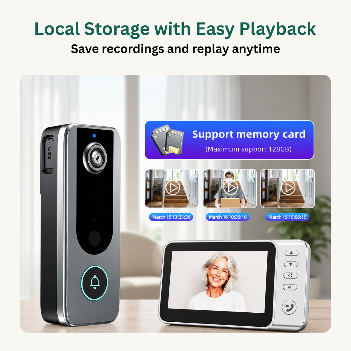 A smart video doorbell with a matching display screen shown on a light indoor background. The doorbell is silver and black with a blue illuminated bell icon.